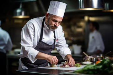 Under the Blazing Kitchen Lights, a Chef's Unwavering Focus is Captured as He Crafts His Culinary Masterpiece