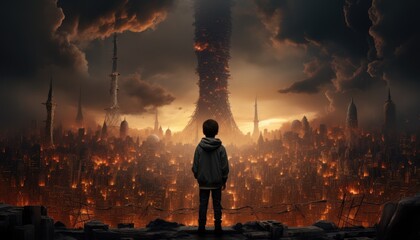 A lone boy gazes upon the hazy metropolis from his lofty perch, the heat and pollution filling the sky with smoke and fire as the city sleeps below - obrazy, fototapety, plakaty