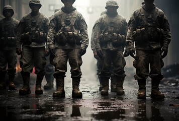 A determined group of soldiers march in perfect formation, clad in camouflage uniforms and ballistic vests, representing the strength and unity of the military organization - obrazy, fototapety, plakaty