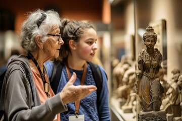 Portrait of a senior woman and her granddaughter looking at sculptures in the museum. AI generated