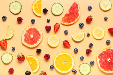 Composition with fresh fruits and berries for lemonade on beige background