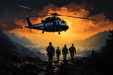 Fototapeta na wymiar As the fiery sunset cast its glow upon the majestic mountain, a group of awe-struck individuals gazed upon the powerful military helicopter, its rotors slicing through the sky in a mesmerizing displa