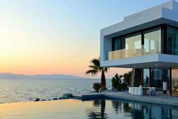 Modern house with pool and sea view for sunset. AI generated