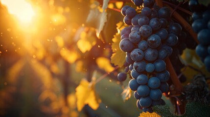 A sunlit vineyard, sunbeams piercing through the canopy, casting a golden glow on dark, juicy grapes and rich green foliage, blurred background