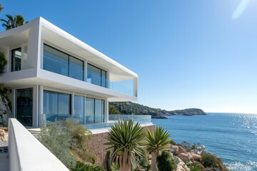 Modern house with sea view and blue sky background. Nobody inside. AI generated - obrazy, fototapety, plakaty