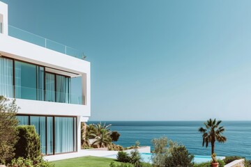 Modern white villa with swimming pool and sea view. Nobody inside. AI generated