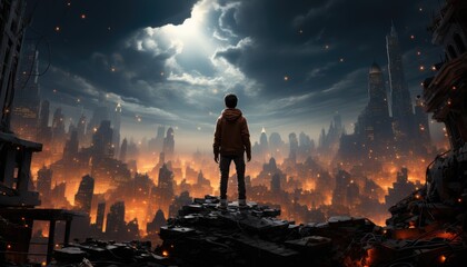 A lone figure stands atop a towering rock, gazing upon the sprawling metropolis below as clouds drift by in the vibrant sky, embodying the epic journey of a digital adventure game brought to life wit - obrazy, fototapety, plakaty