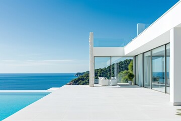 Luxury house, view from the terrace to the sea. AI generated