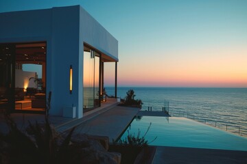 Luxury villa with swimming pool and sea view at sunset. AI generated - obrazy, fototapety, plakaty