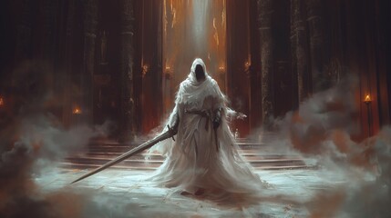 Ghost guardian in white robes - obrazy, fototapety, plakaty