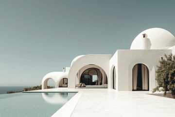 White architecture with clear sky and a big pool. AI generated - obrazy, fototapety, plakaty
