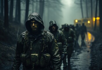 Naklejka premium A group of determined men braving the elements in their rain gear as they trek through the foggy outdoors on a dreary and rainy day
