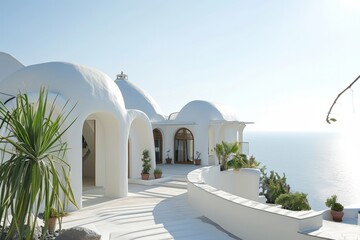 White architecture on Santorini island, Greece. Beautiful landscape with sea view. AI generated