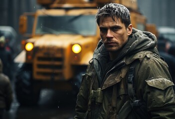 A rugged man in a sturdy jacket gazes confidently at his trusty yellow truck, ready to conquer the streets and embark on a military-inspired adventure