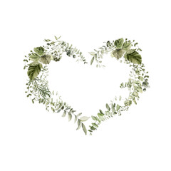 Fototapeta premium Watercolor floral frame. Hand painted heart of greenery, wildflowers, herbs. Green leaves, branches, foliage, eucalyptus leaf isolated on white background Botanical love illustration for design print