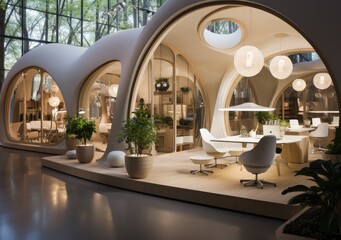 Fototapeta premium A cozy lobby with a modern touch, featuring a round table surrounded by elegant chairs and a lush houseplant, all under a stunning ceiling and natural light streaming in through the window