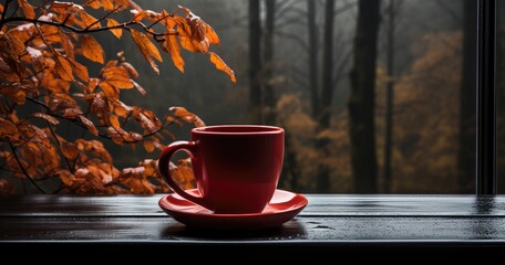 A vibrant red coffee cup stands amidst the autumn trees, a beautiful addition to any serveware collection, evoking feelings of warmth and coziness in a peaceful outdoor setting