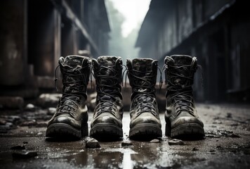 Discarded and drenched, the boots stood as a reminder of the muddy journey taken through the rain-soaked city streets