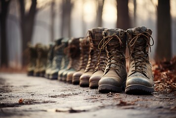 A line of boots, standing tall and sturdy on the ground, ready to take on the great outdoors with their durable footwear and rugged style