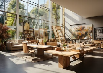 A sunlit studio space with sleek furniture and a curated art table, blending indoor and outdoor design elements for a modern and inspiring atmosphere
