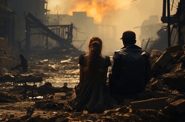 Amidst the debris of a polluted landscape, a woman and man sit together, their clothing tattered and stained, a somber reminder of the destruction caused by the nearby factory