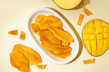 Plate with slices of dried mango on yellow background