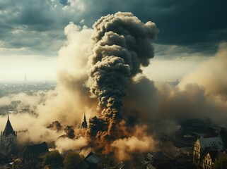 A majestic mountain landscape is shrouded in a thick, ominous cloud of pollution, as a billowing plume of smoke rises from an outdoor explosion, filling the sky with steam and dark clouds reminiscent