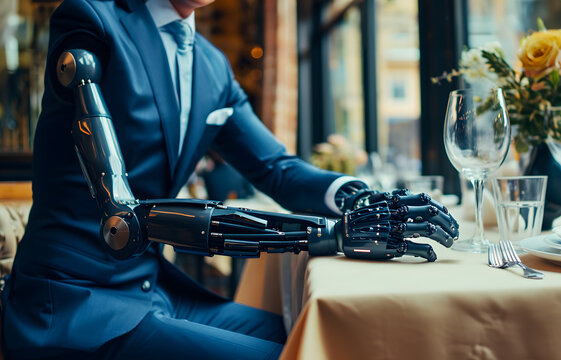 male body in suit in restaurant with bionic arm, generative ai