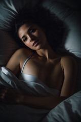 Woman Lying in Bed Under Blanket for a Cozy Sleep Rest. Generative AI.