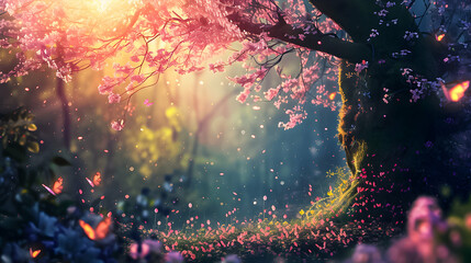 Magical forest glade with pink blossoms and fluttering butterflies. - obrazy, fototapety, plakaty