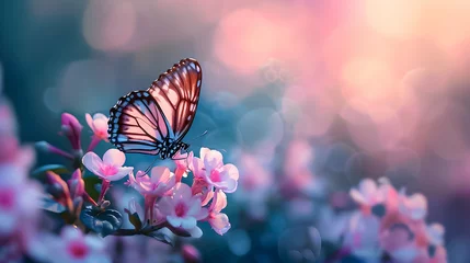 Foto op Canvas Butterfly and cherry blossoms with sparkling light, evoking spring magic. © SuperGlück
