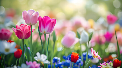 Radiant tulip field with a mix of colors, bathed in soft sunlight.