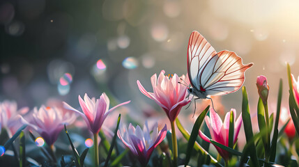 White butterfly on pink flowers with sunlight and bokeh in the background.