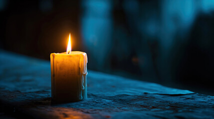 Lonely candle with a warm glow on a textured surface at twilight.
