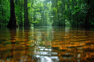 Obraz premium river in a flooded tropical forest illuminated by the sun