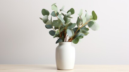 Realistic white table with green plant vase on background. AI generated image