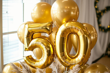 Happy 50th birthday. Gold helium 50 birthday balloons at a celebration event - obrazy, fototapety, plakaty
