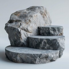 A stone podium with divisions in a solid and organized structure. Stone podium in distinct sections in modern and versatile aesthetics. Rocky platform for product presentation.