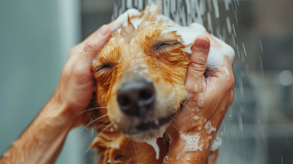 A man washes his dog in the shower. Caring for animals at home.