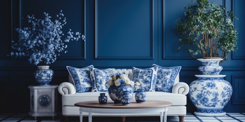 Blue and white decor in a classical interior