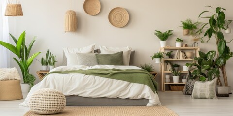 Boho-style bedroom with cozy decor, green plants, and wall accents.