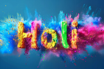 Holi festival celebration. Holi word with bright colorful powder explosion