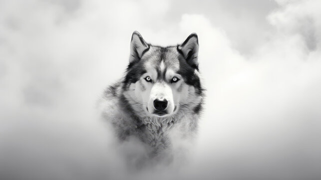 portrait of beautiful husky in the fog