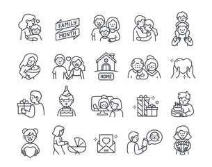 Set of linear family month icons. Simple badges with parents taking care of children, happy couple in love and mother with newborn baby. Outline flat vector collection isolated on white background
