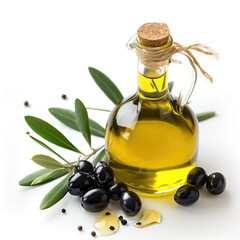 A clear glass bottle filled with golden olive oil, corked and tied with a string, surrounded by fresh black olives, green leaves, and pepper grains on a white background.