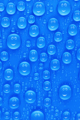 lots of funny little blue water drops on a blue surface, a smiley face reflected in each drop
