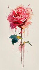 A delicate and ethereal watercolor painting of a blooming rose, with vibrant red and pink hues blending into the background, evoking emotions of love and beauty.