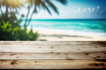 Empty rustic wooden table on blur background of beautiful beach for mockup summer product display...