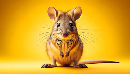 A close-up frontal view of a kangaroo rat on a yellow background