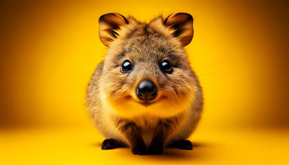 A close-up frontal view of a quokka on a yellow background